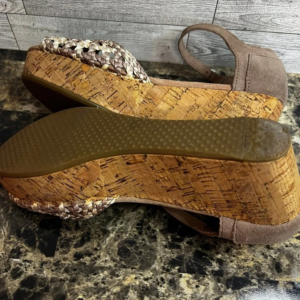 TOMS Platform Wedge Tan Stucco‎ Suede Woven Open Toe Cork Sandals Womens US 8